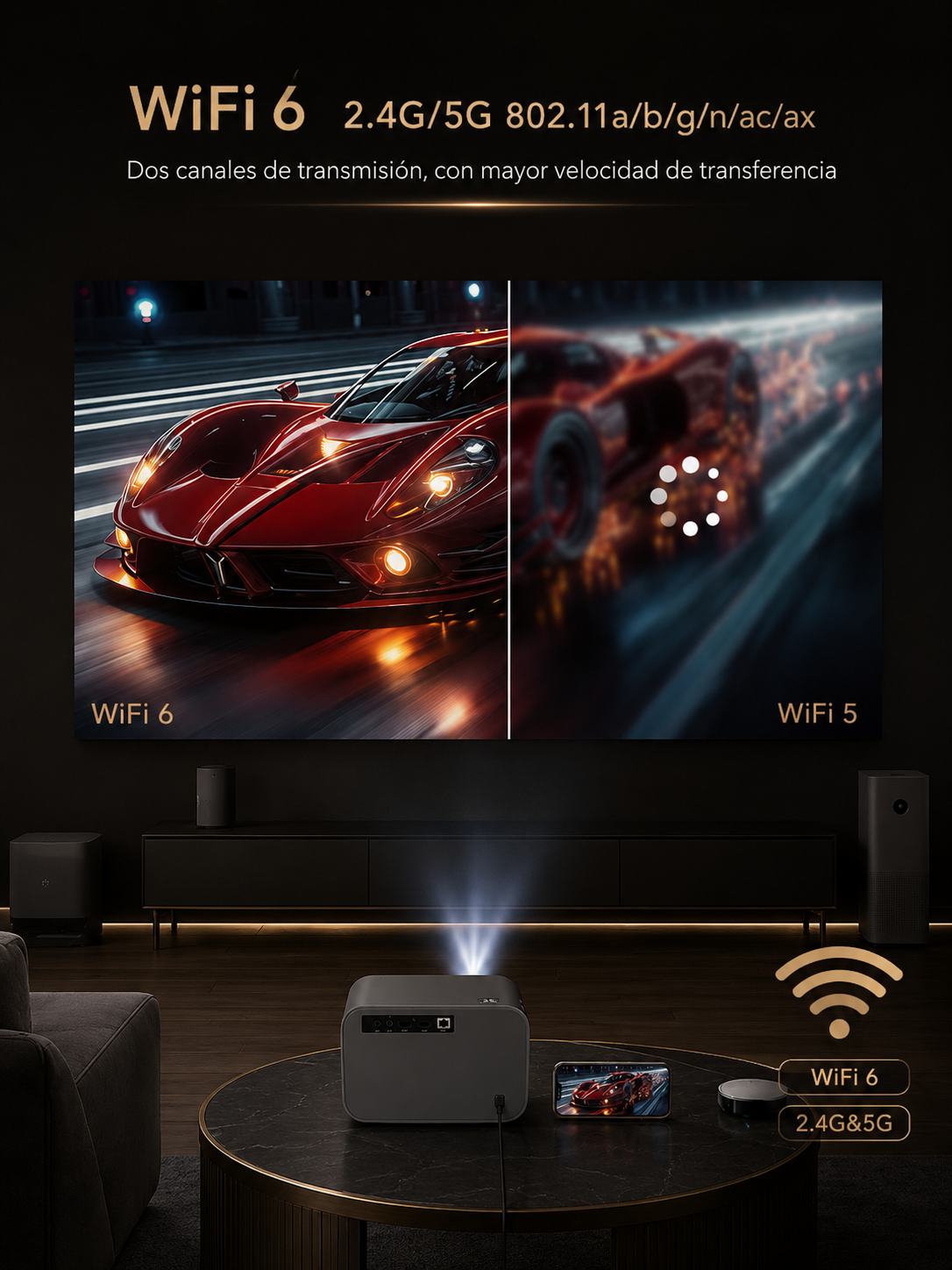 KORA Cinema —
Proyector Inteligente Full HD 1080p, Wi-Fi 6