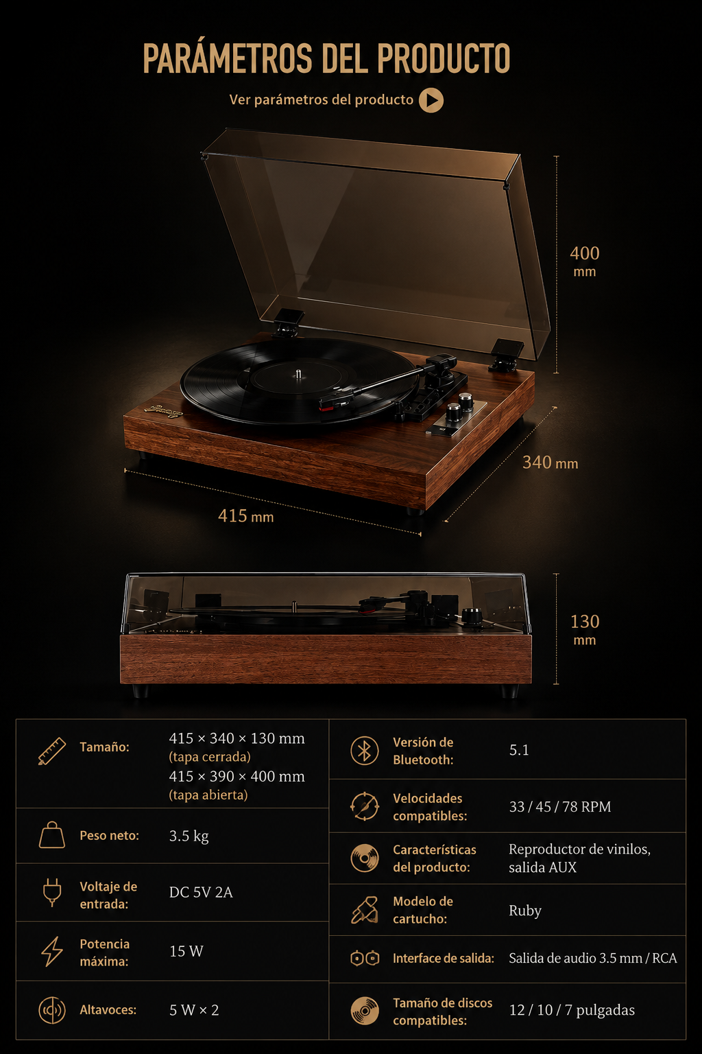 KORA Groove — 
Tocadiscos Bluetooth de Madera Premium